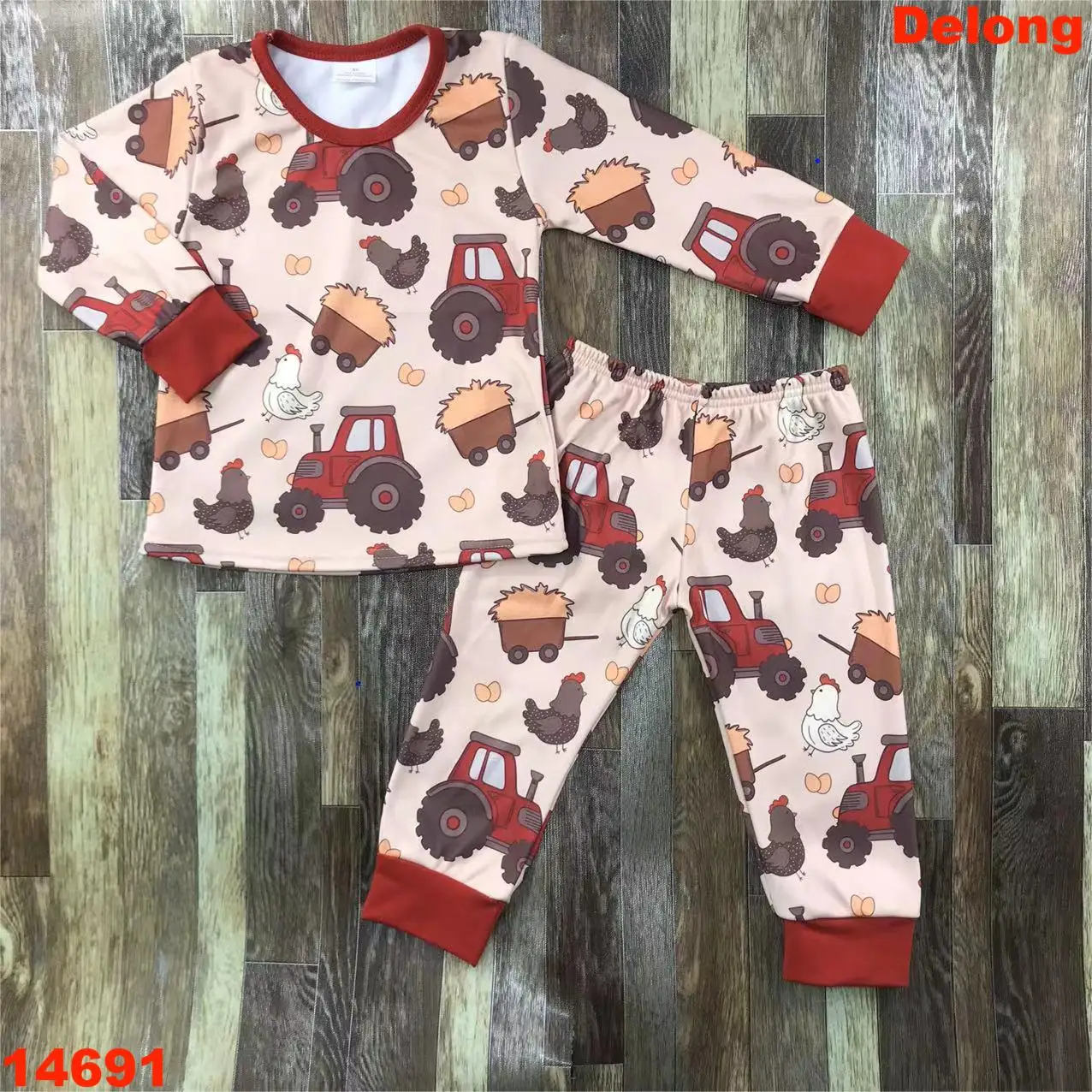 Adorable autumn/winter cartoon farm red tractor chicken pattern children's long sleeve warm Delong pajama set 11