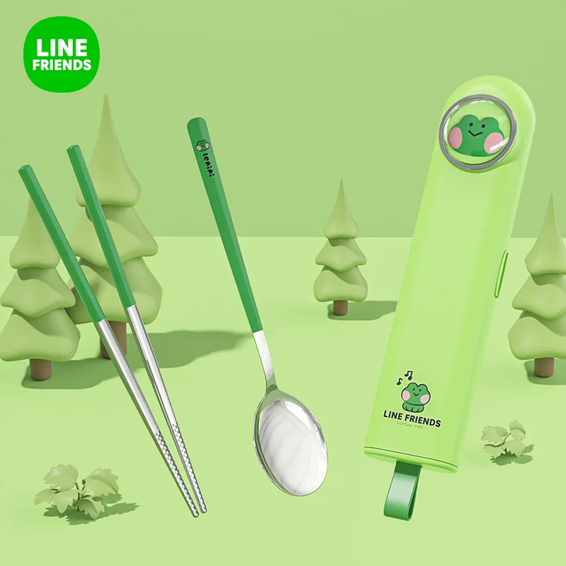 Line Friends Anime Cartoon Brown Sally Choco 3Pcs 304 Stainless Steel Portable Chopsticks Spoon Box Tableware Children's Gift