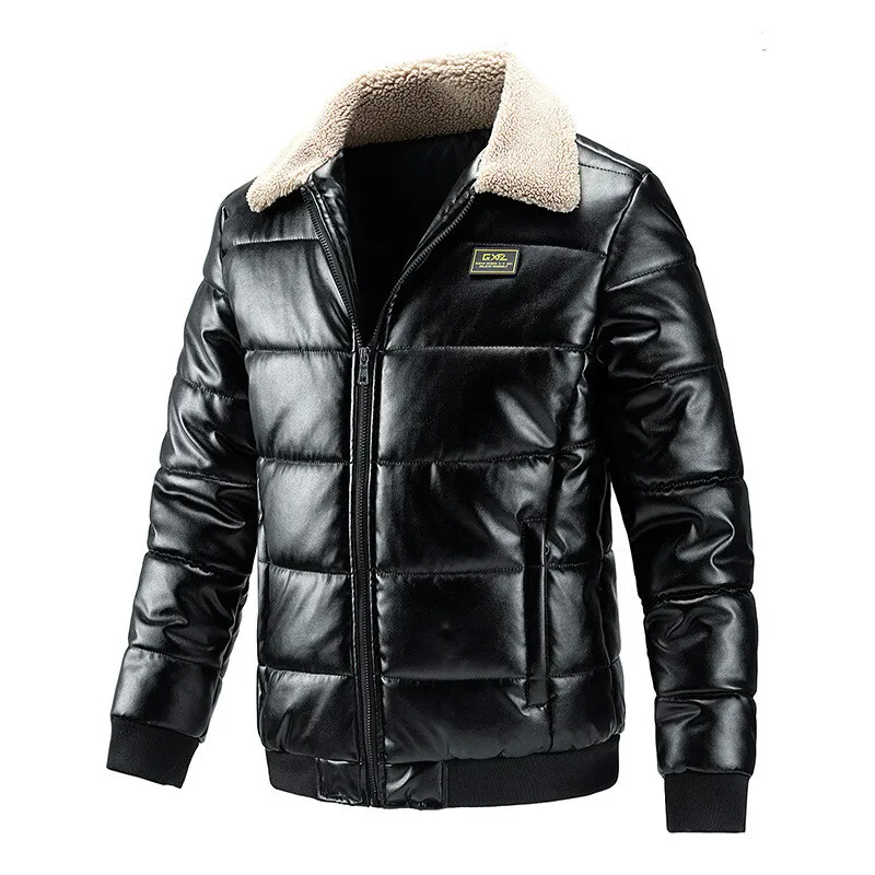 

Men's Casual Thickened Cotton Jacket Collar Coat Youth Fashionable Winter Outerwear PU Leather Large Size Leisure Style