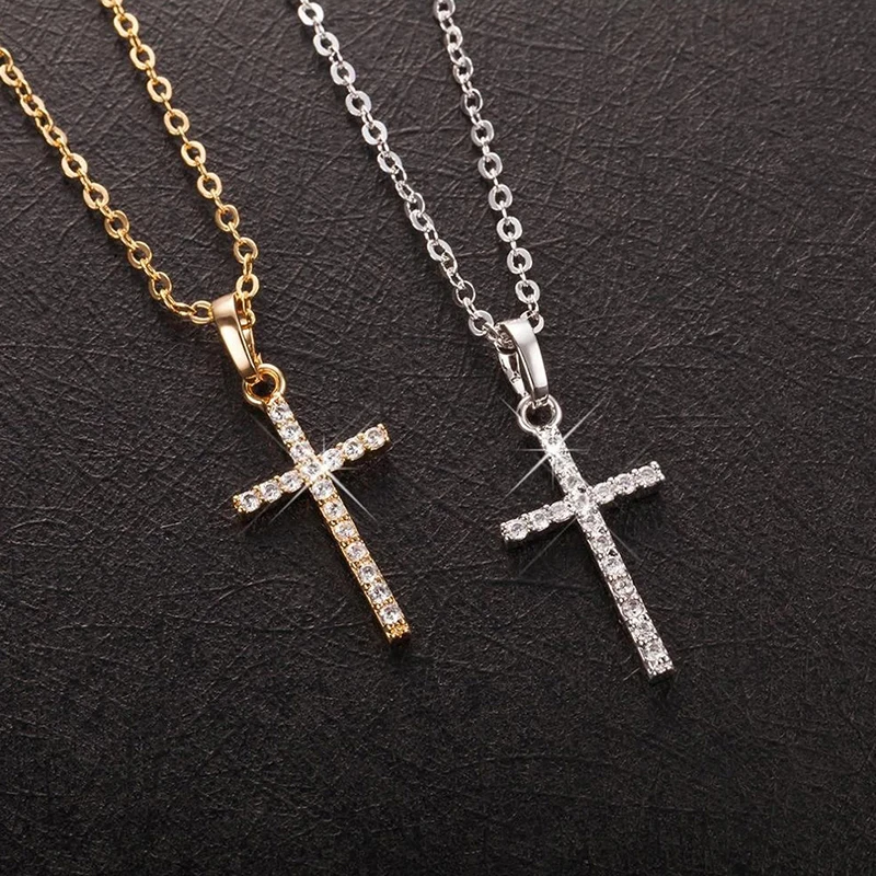 Simple Fashion Cross Pendant Clavicle Chain Crystal Jesus Cross Dangle Necklace Punk Hip Hop Jewelry For Men Women Gift