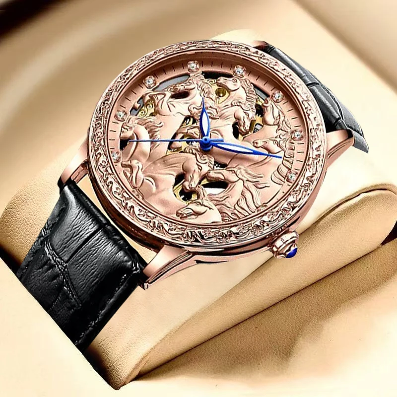 

Винтажный мужской черный кожаный ремень с искронняя резная восемью лошадей гравировкой, полностью автоматические механические часы.