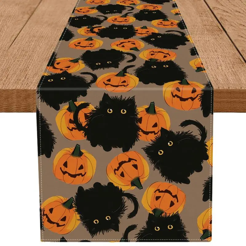 VIKAMA Halloween Table Runner Fluffy Black Cat Jack O Lantern Pumpkin for Dining Table Home Farmhouse Holiday Party Decor