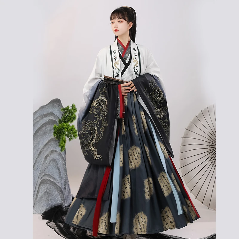 Retro Hanfu Herren und Damen Erwachsenen Wei Jin Schräg hals Weitarm Taille Länge 6 Meter Kleid Set