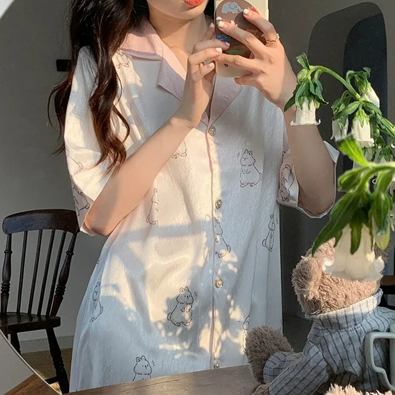 Cartoon Kawaii Cute Lucky Bunny Print Women\'s Sleepskirt French Elegant Herringbone Twill Homeskirt 2024 New Summer Shirt Skirt