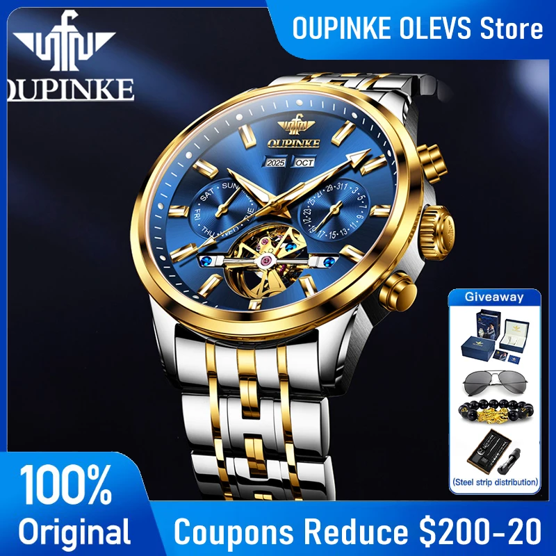 OUPINKE 3296 Mens Watch Flywheel Automatic Mechanical Watch 50M Waterproof Week Date Watches For Man High Quality Luxury Box