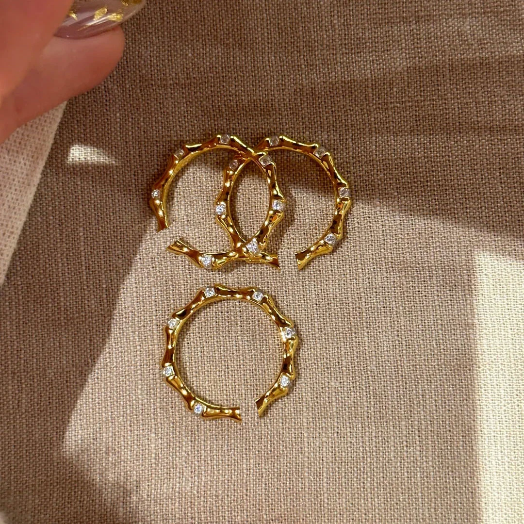 Diamonds inlay glossy ring high-end accessory vintage style exquisite and unique bamboo joint rings for women fashion jewelry