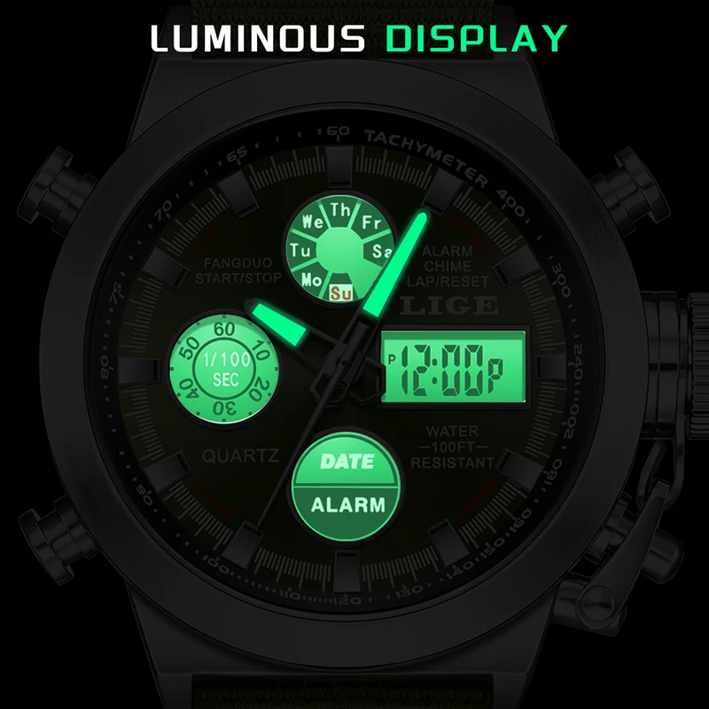LIGE New Original Brand Luxury Men Watch Army Military Nylon Strap Waterproof Watches for Men LED Alarm Dual Display Chronograph