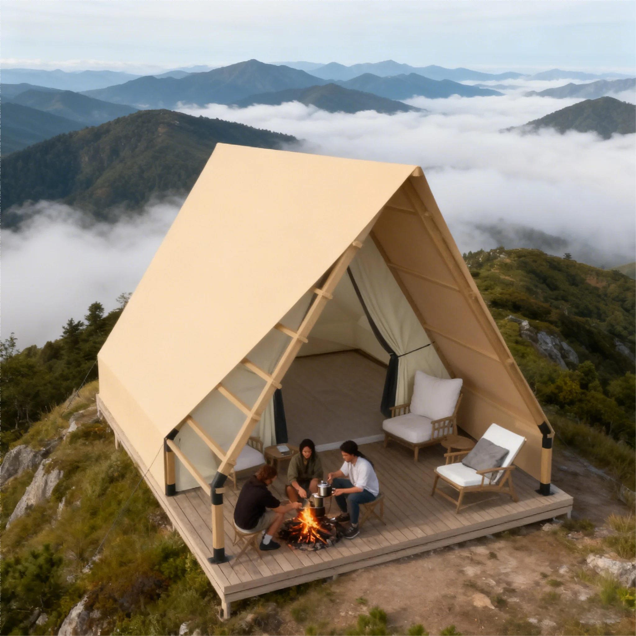 Safari Glamping Tent Steel PVC Canvas Waterproof Fireproof UV Protection Four-Season Use Double One Bedroom Living Room 4x6M