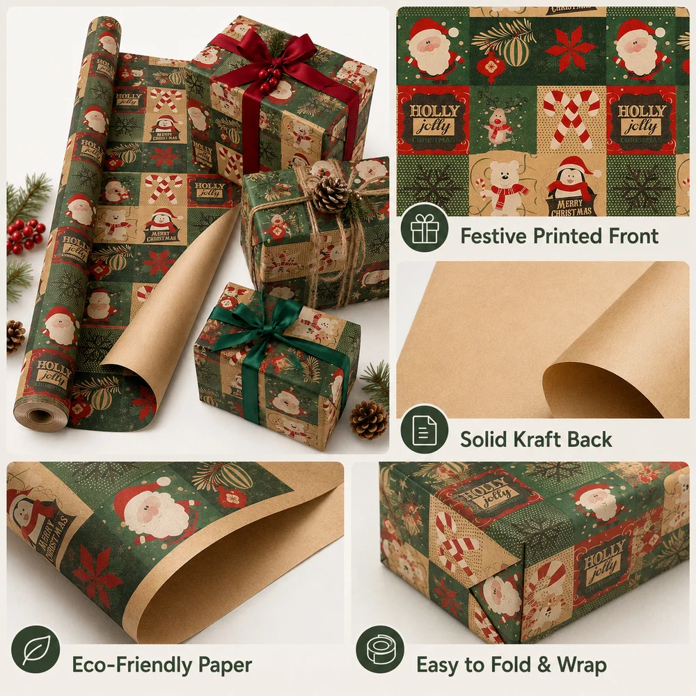 1Roll Christmas Wrapping Paper Xmas Retro-style Paper Gift Paper Suitable for Birthdays and Festivals