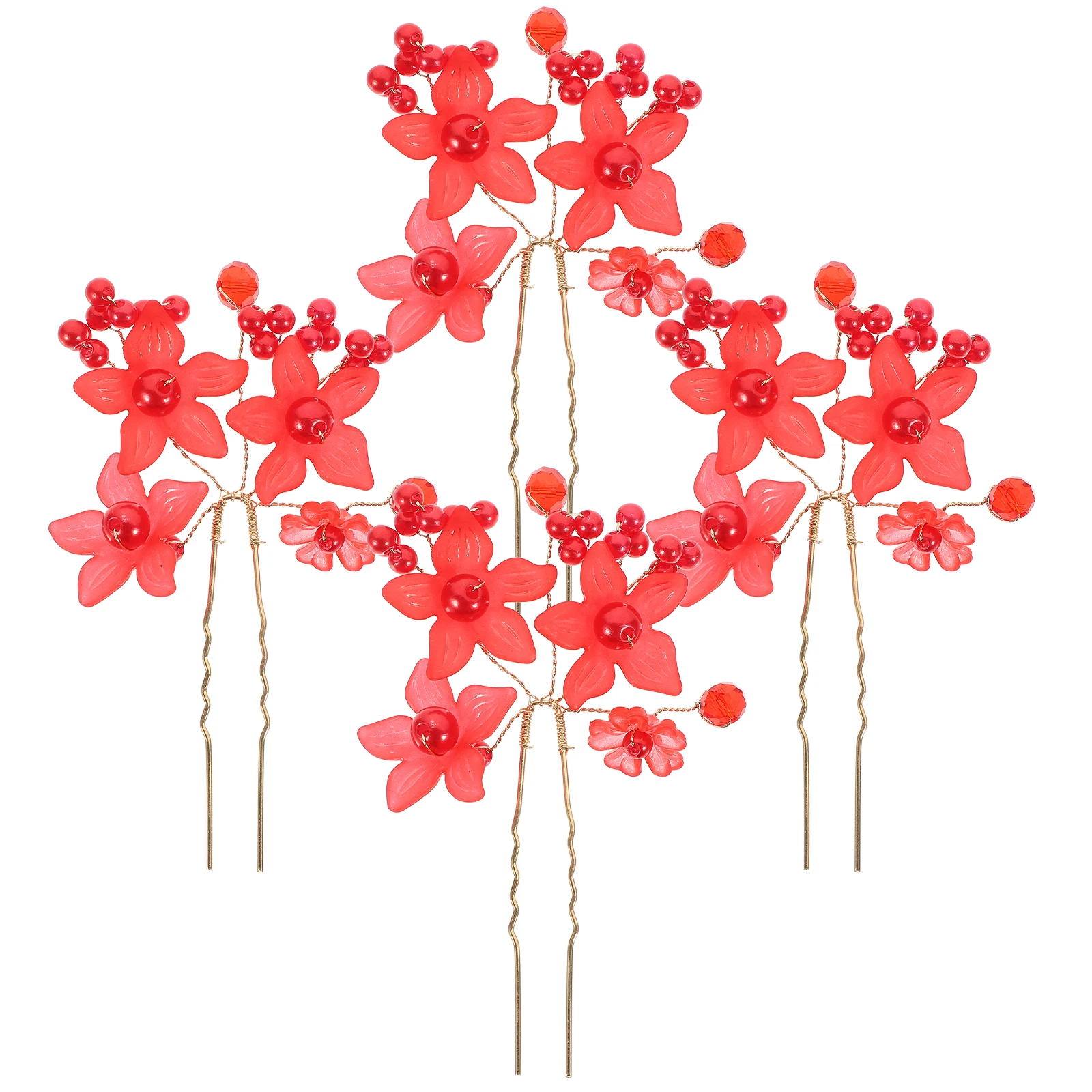 

4pcs Frosted Flower Sticks U Shape Pear Forks Red Pearl Beads Bridal Pins Women Accessories Decorative Hair Pins For Buns Thick