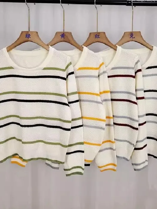 خريف 2025 ملابس تريكو نسائية فضفاضة غير رسمية غير رسمية Ne Long Sve محبوكة للتخسيس مخططة مريحة للترفيه