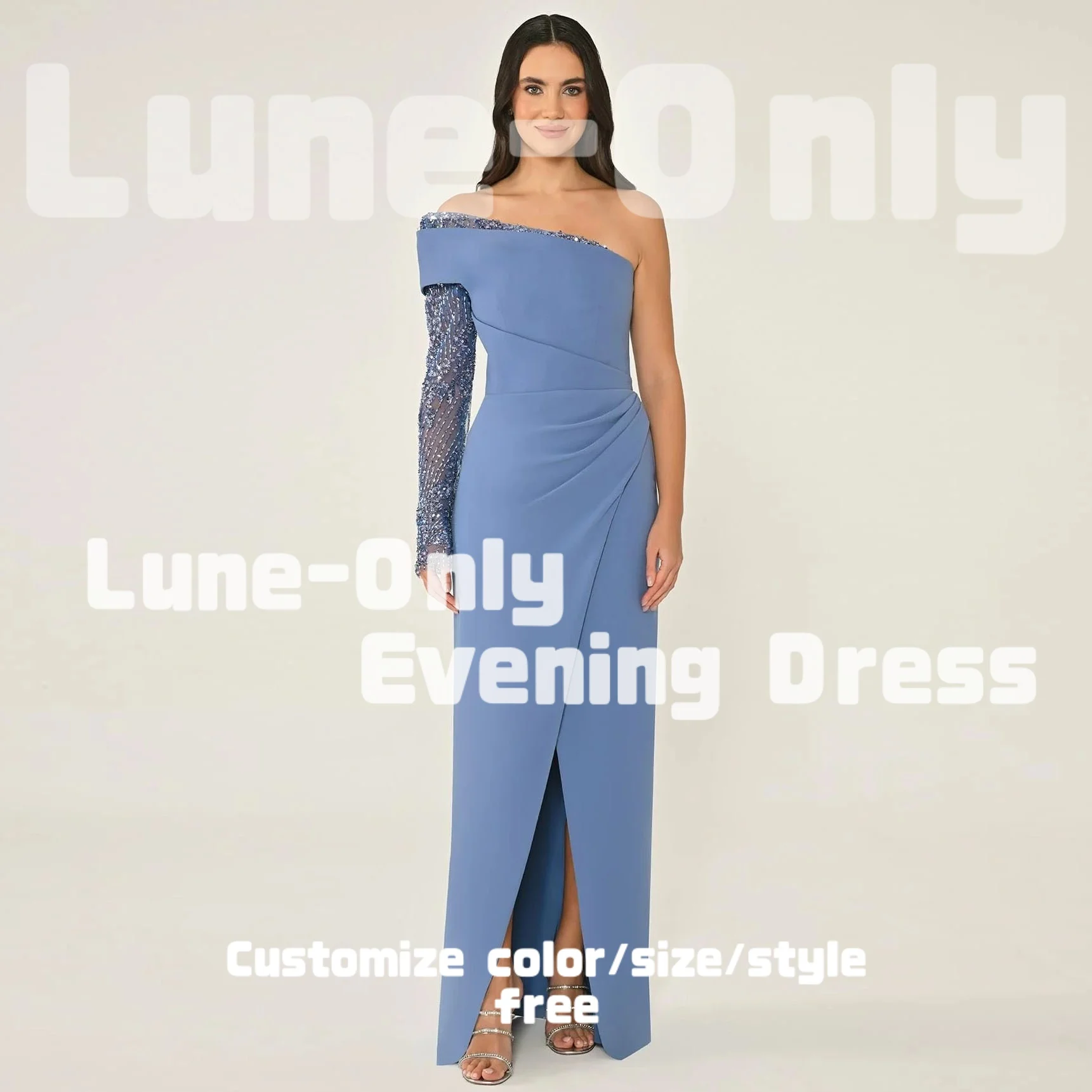 تخصيص بريق الترتر تول كم طويل واحد الكتف فساتين السهرة الفاخرة الجبهة الشق أنيقة حزب ثوب حفلة موسيقية اللباس الرسمي #1