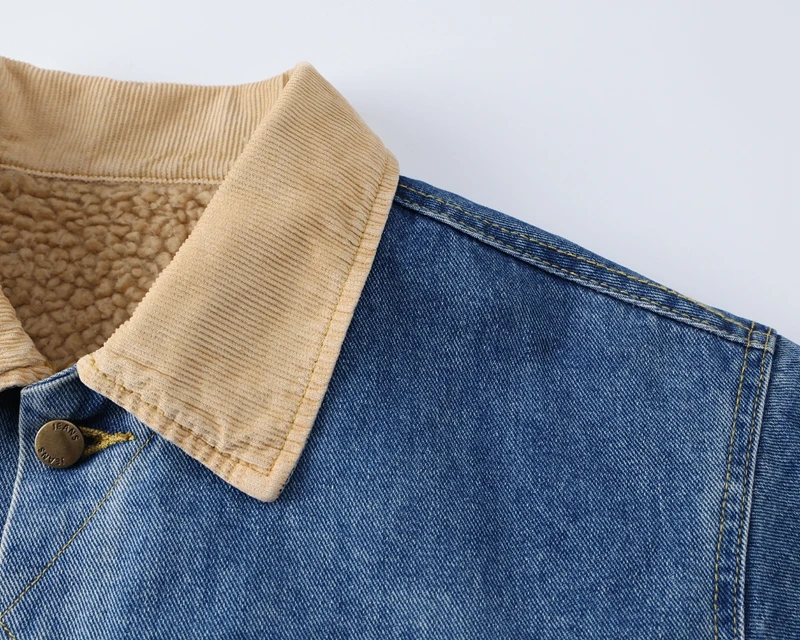 Sherpa-gefütterte Jeansjacke mit Patchwork-Kordkragen, Fleece-Cargojacken für Herren, Vintage-Waschung, Oversize-Warm-Jeansmantel für den Winter – Detail 6