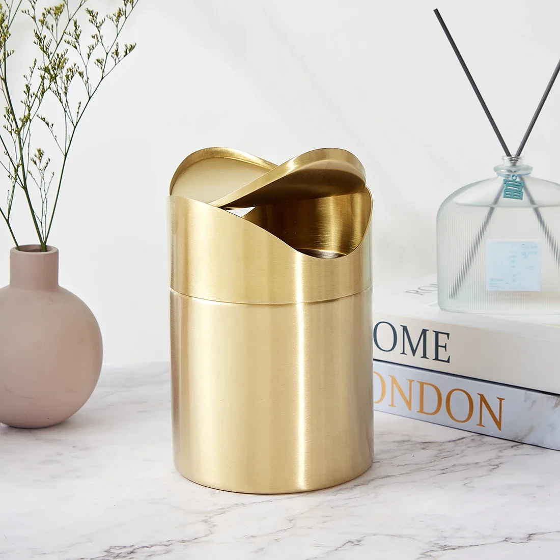 Gold Stainless Steel Desktop Trash Can Office Desk Desktop Paper Basket Small Car Storage Bin Box 분리수거 쓰레기통 Cubo Reciclaje