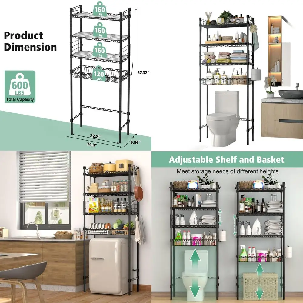 

4-уровневый регулируемый металлический органайзер для хранения над унитазом с крючками, компактная полка для ванной комнаты, черный цвет