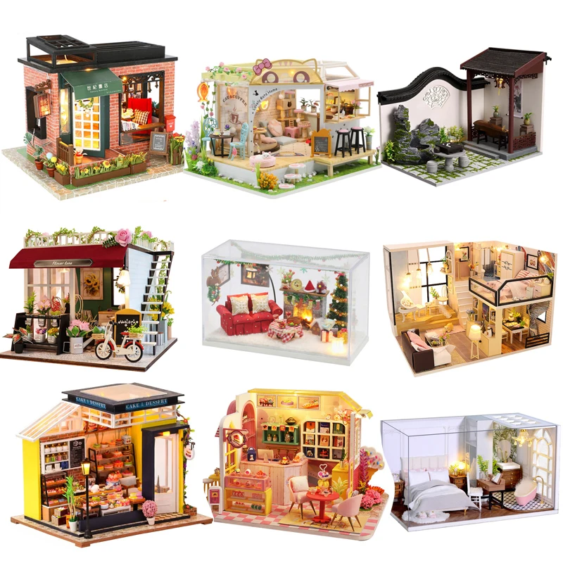 No Original Box Clearance DIY Wooden Doll Houses Miniature Building Kit Desert Store Casa Flower Villa Dollhouse Assembly Toys