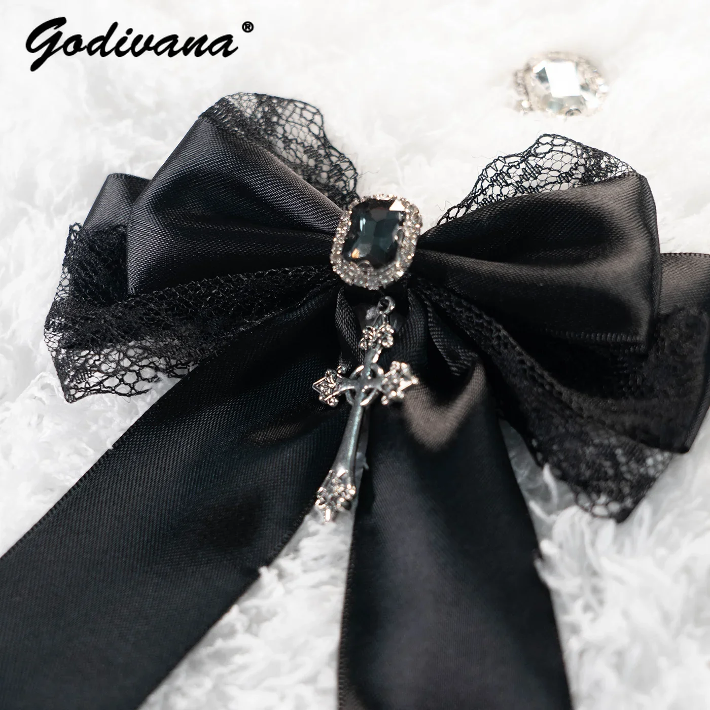 Japanese Lolita Cross Brooch A Pair of Hairclips Barrettes Sweet Cool Style Mine Series Mass-Produced Lace Rhinestone Brooch