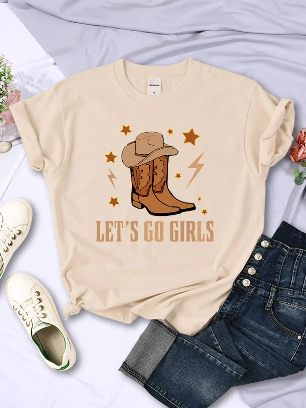 Casual Womens T-Shirts Vintage Cowboy Let\'S Go Girls Printing Tees O-Neck Breathable Soft Short Sleeve Summer Female Clothes