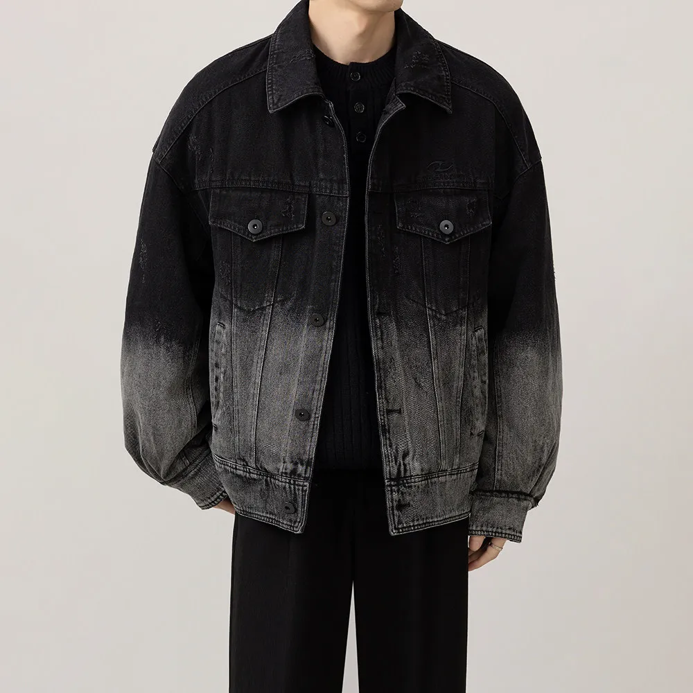 

Модная мужская короткая джинсовая куртка-пуховик с градиентным эффектом, винтажный повседневный городской стиль, зимняя новинка, верхняя одежда