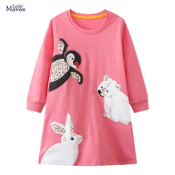 Little maven 2024 Autumn Children's Clothing Girls Kids Clothes Cotton Long Sleeves Embroidery Cartoon Animals Casual Dresses