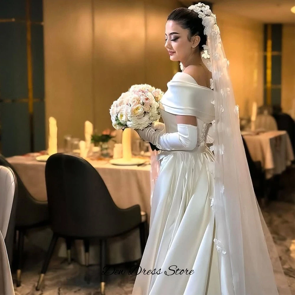 Dromerige 3D-bloemen op maat gemaakte vestido de novia klassieke bruidsjurken met boothals en off-shoulder charmante satijnen trouwjurk