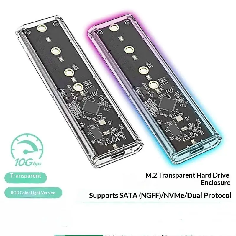 Transparent M2 NVMe SATA SSD Enclosure 10Gbps High Speed Transfer RGB Light For Portable Data Storage Office Travel