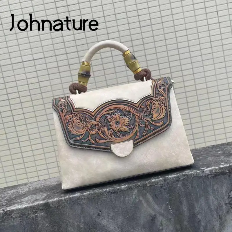 Johnature 2024 New Autumn Vintage Embossed Handbag Versatile Leather Women Bag Large Capacity Handmade Shoulder & Crossbody Bags