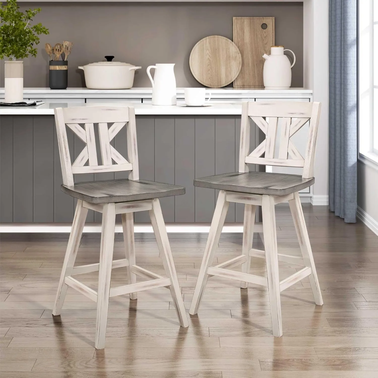 Solid Wood Kitchen Counter Barstool with KK Back & Footrest, Counter Height Swivel Stool, Armless Dining Chairs, Set of 2, White