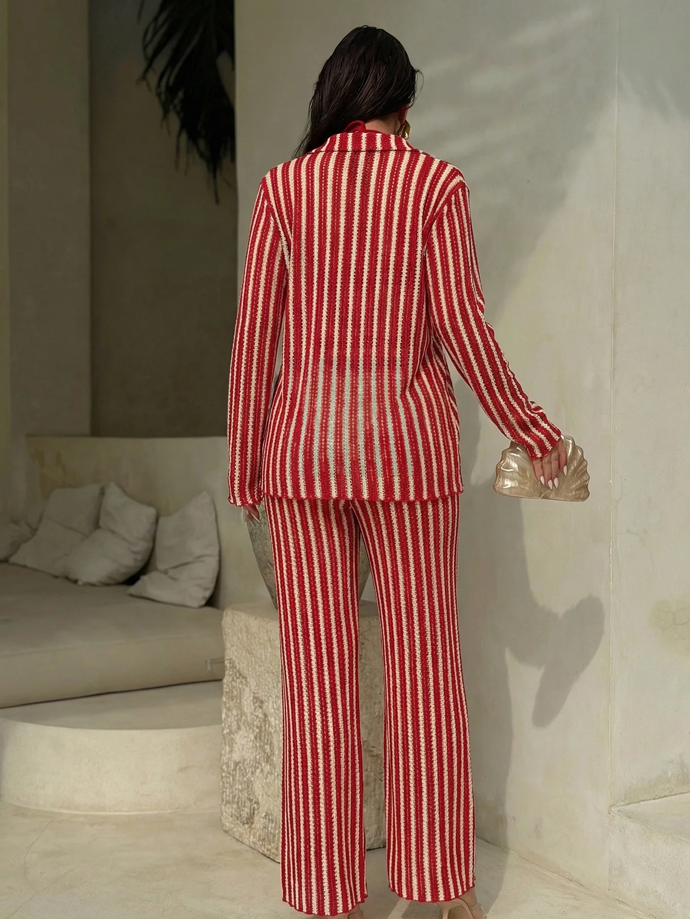 2026 New Women 4 Pcs Striped Beach Cover Up Set Long Sleeve Tie Front Shirt Wide Leg Pants Red Black Blue Pink Swimsuit Coverup