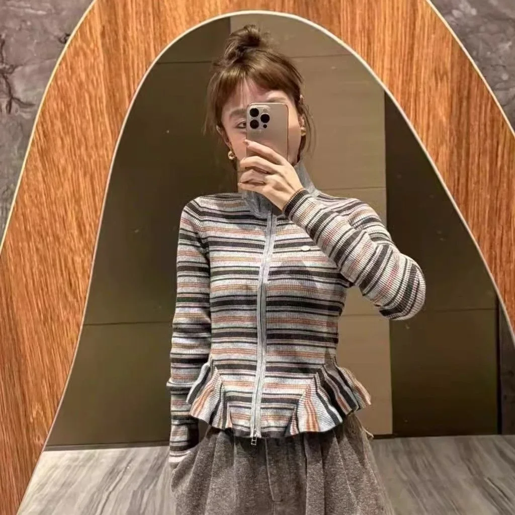

Niche Retro Ruffle Contrasting Striped Knitted Cardigan Women 2025 Autumn Winter New Fashionable Waist-Hugging Top