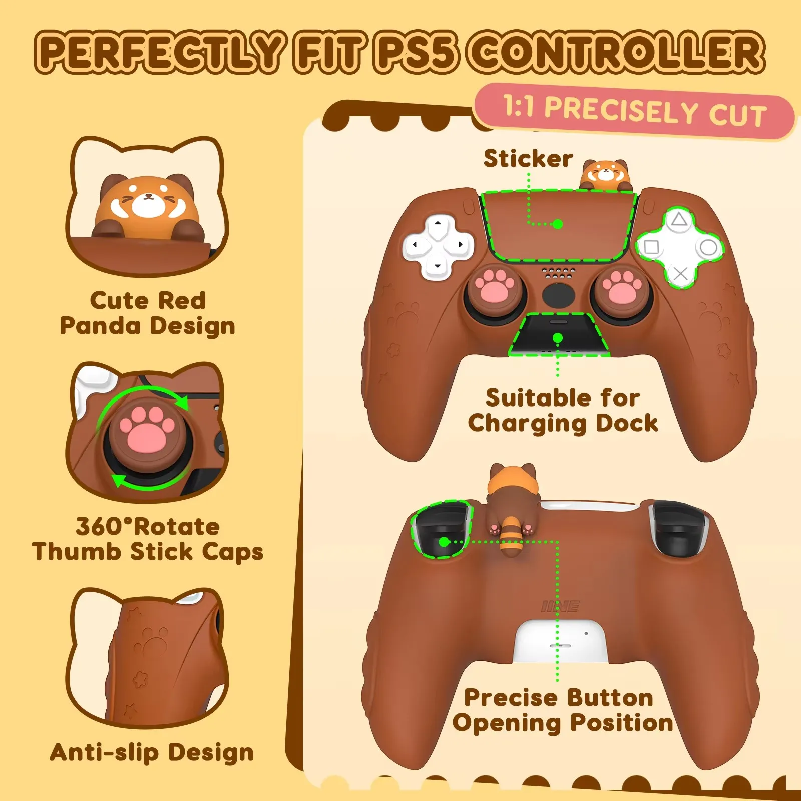 IINE RED PANDA SILICONE PROTECTIVE CASE/ PERFECTLY FIT PS5 CONTROLLER & FULL PROTECTION & MADE OF ECO-FRIENDLY SILICONE MATERIAL