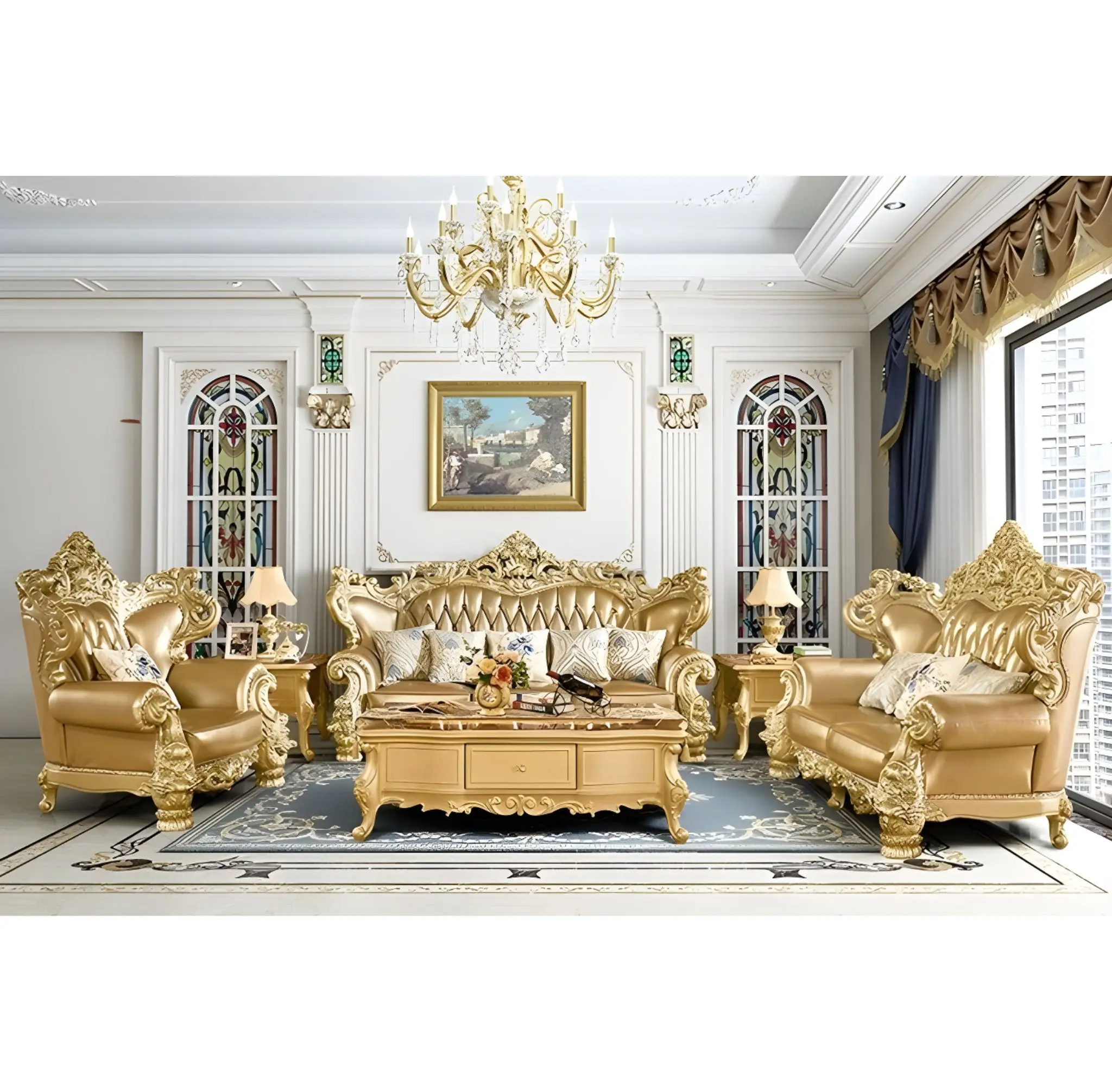 Luxury Hand Carved Extendable Mahogany Wood Sofa Set in Golden Finish Minimalist Villa Living Room Furniture with Tables