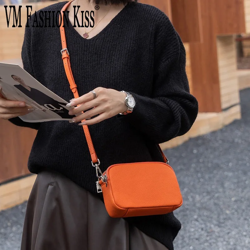 

VM FASHION KISS Summer Elegant Women's Crossbody Bag Cowhide Material Double Zipper Opening Design Small Shoulder Bag