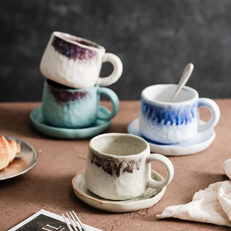 Hand-pinched Antique Ceramic Coffee Cups Coarse Pottery Kiln Pot-bellied Cups and Saucers Household Cups Living Room Decoration