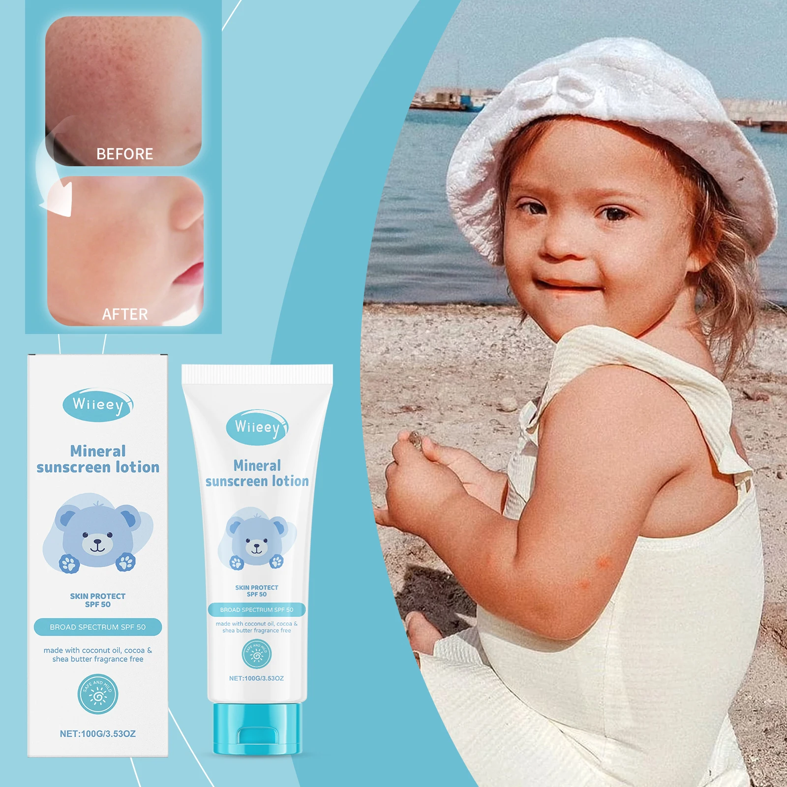 لوشن المعدني الواقي من الشمس SPF 50 - واقي من الشمس الطبيعي ذو الطيف العريض مع زيت جوز الهند وزبدة الشيا - 100 جم/3.53 أونصة