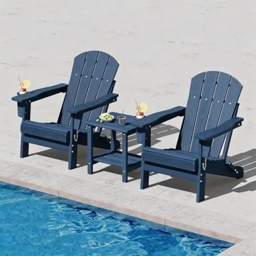 Folding Adirondack Chair - All-Weather HDPE Patio Chair with Wood Grain Texture Cup Holder, Collapsible Outdoor Fire Pit Chair
