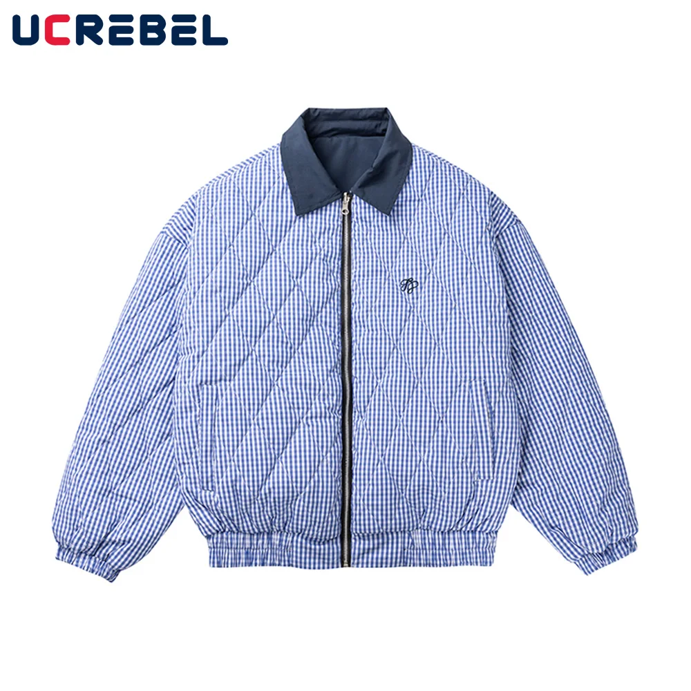 Double-sided Padded Jacket Mens Embroidery Rhombus Plaid High Street Winter Thick Lapel Long Sleeve Quilted Jacket Men