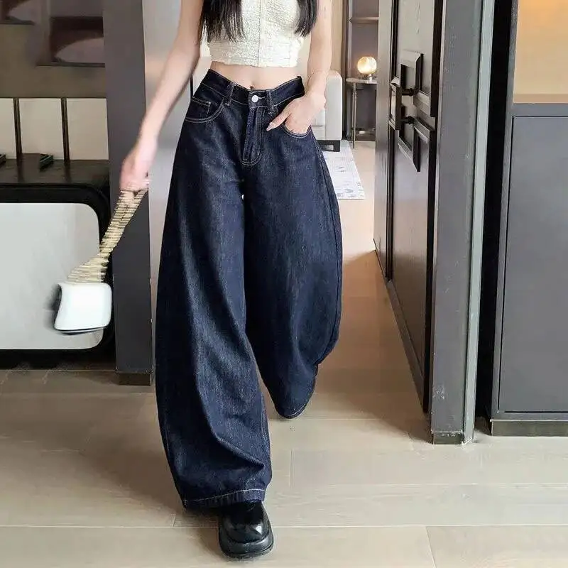 

Lucyever винтажные потертые широкие джинсы женские темно-синие мешковатые брюки с высокой талией Y K джинсовые брюки женские уличные повседневные прямые брюки