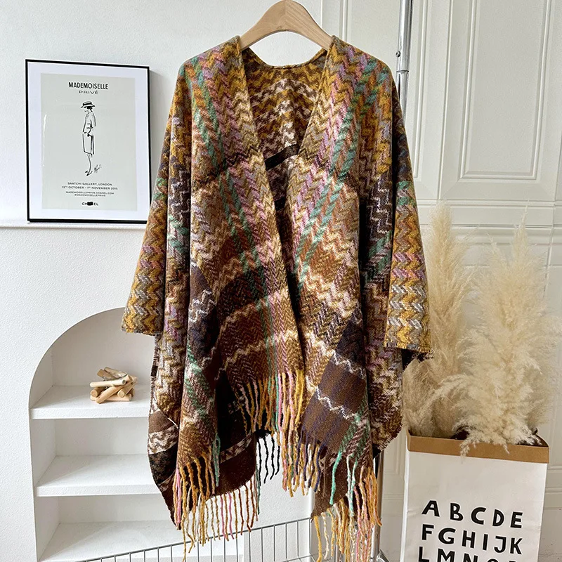 Poncho Knitted Cloak Ethnic Style Capes Tassel Cardigan Sweater Loose Oversized Shawl Wraps Vintage Striped Women Travel Coat