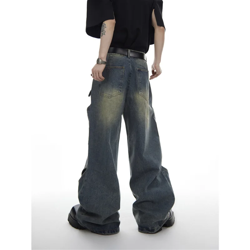 Men's High Waist Jeans with Deconstructed Metal Button Design and Wide Leg Perfect for Summer Casual