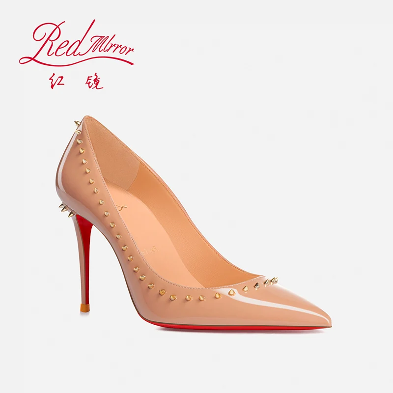 Women's Luxury Heeled Shoes Red Shiny Bottoms Pointed Toe Pumps Naked color Rivets Thin High Heels Elegant Fashion Women Shoes