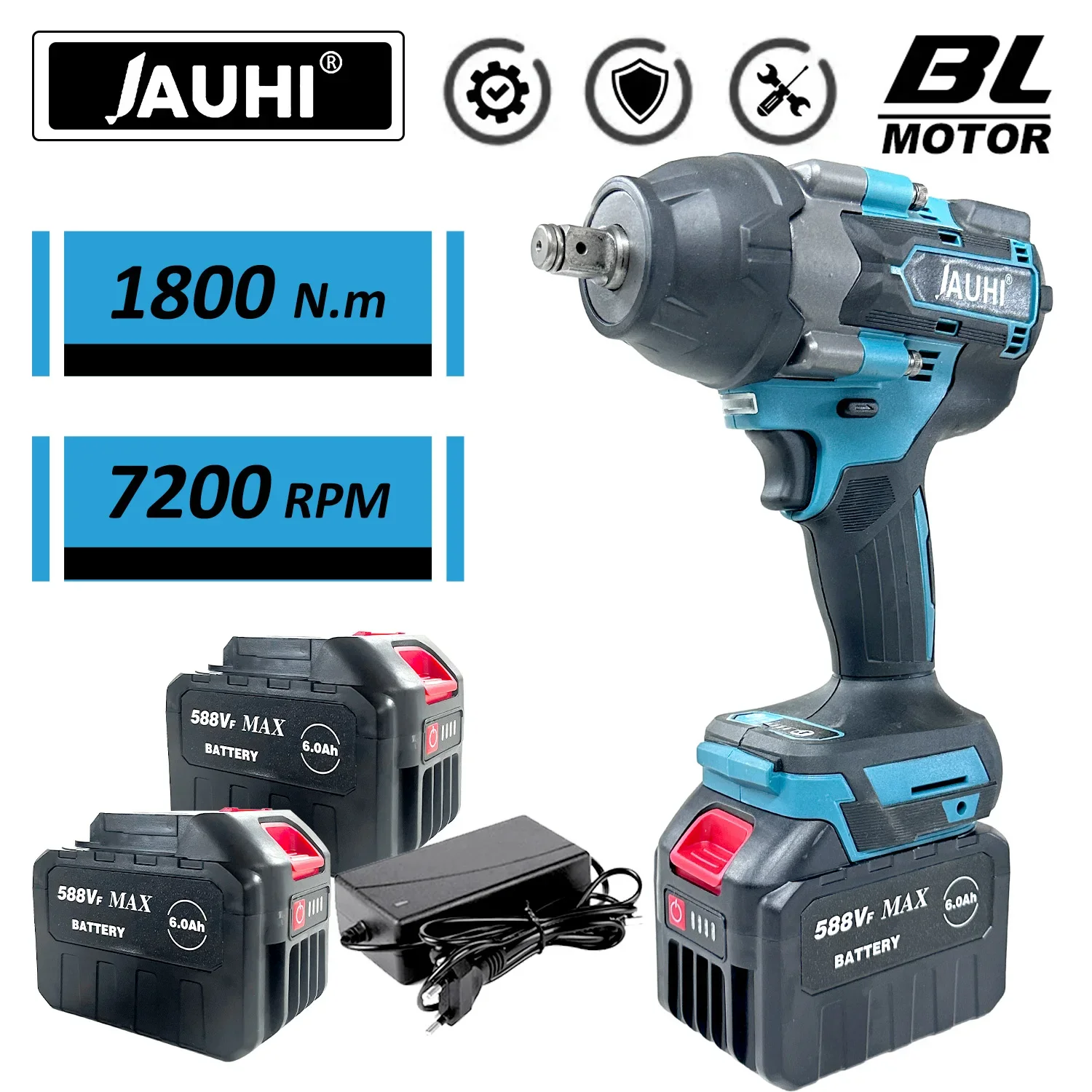 JAUHI 1800Nm Brushless Cordless Electric Impact Wrench 1/2 inch Power Tools 4 Speed Rechargeable Wrench for Makita 18V Battery