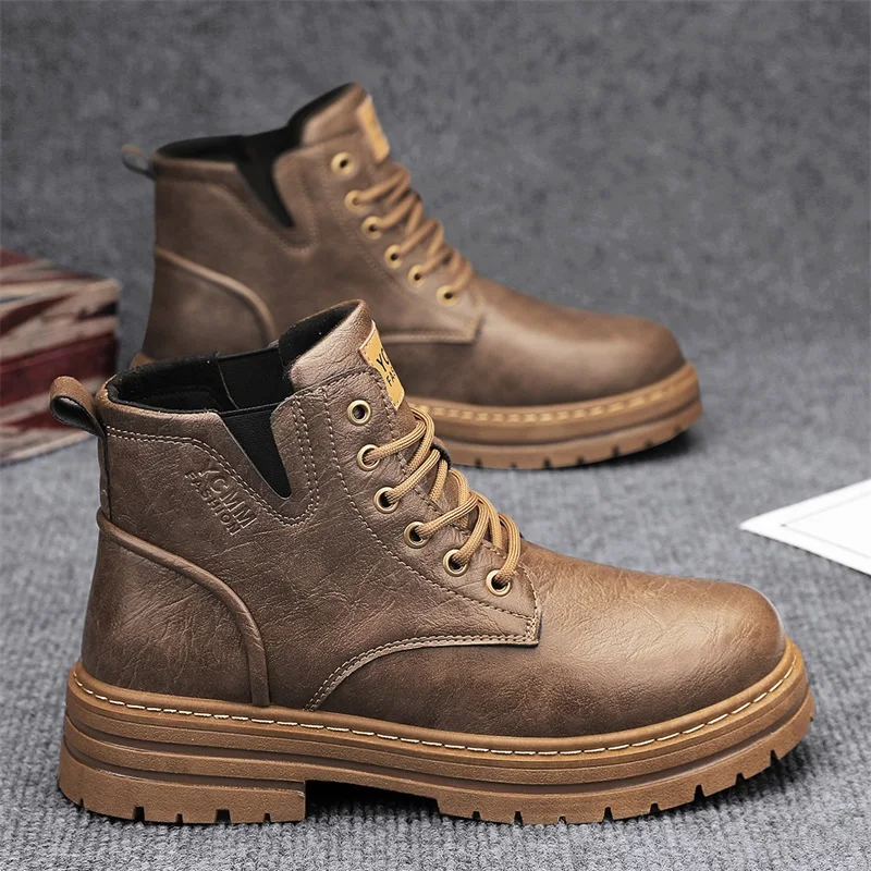 

Men's boots soft sole four seasons anti slip comfortable high top boots men's thick soled comfortable youth versatile work boots