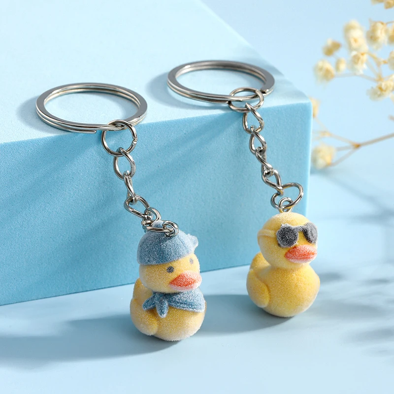 Cartoon Flocking Duck Keyring Creative 3D Little Yellow Duck Keychain Car Key Holder Bag Pendant Decoration Couple Gifts