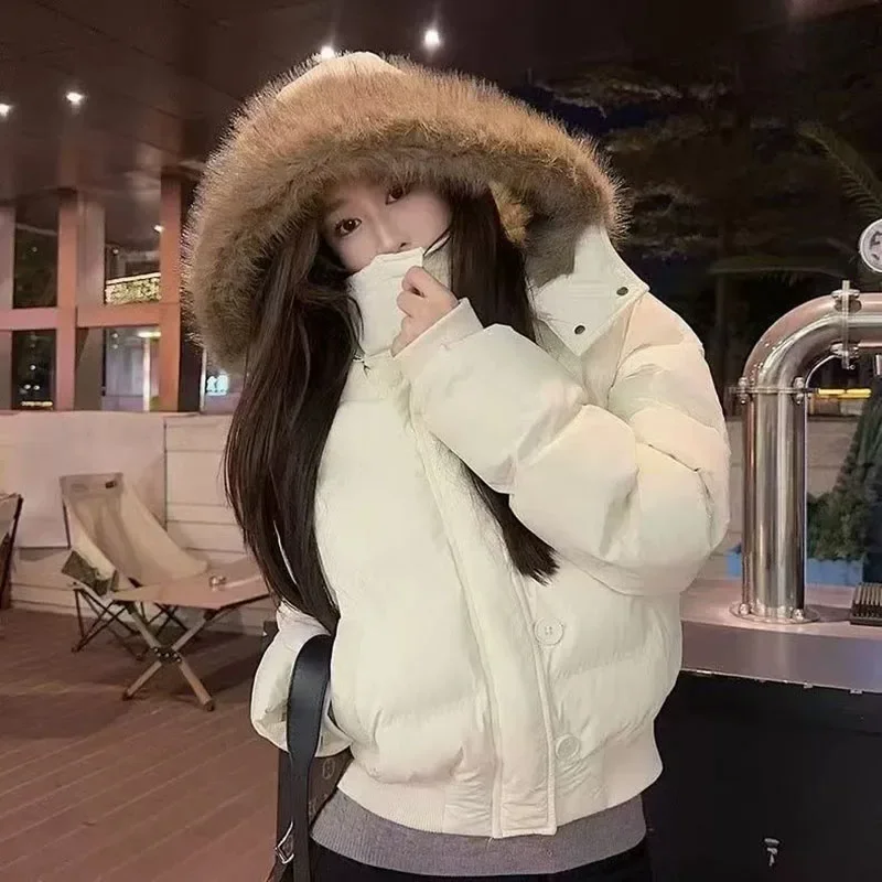 Parkas con capucha y cuello de piel coreana para mujer, chaqueta de invierno acolchada de algodón recortada con diseño a la moda, Parka cálida informal azul para mujer