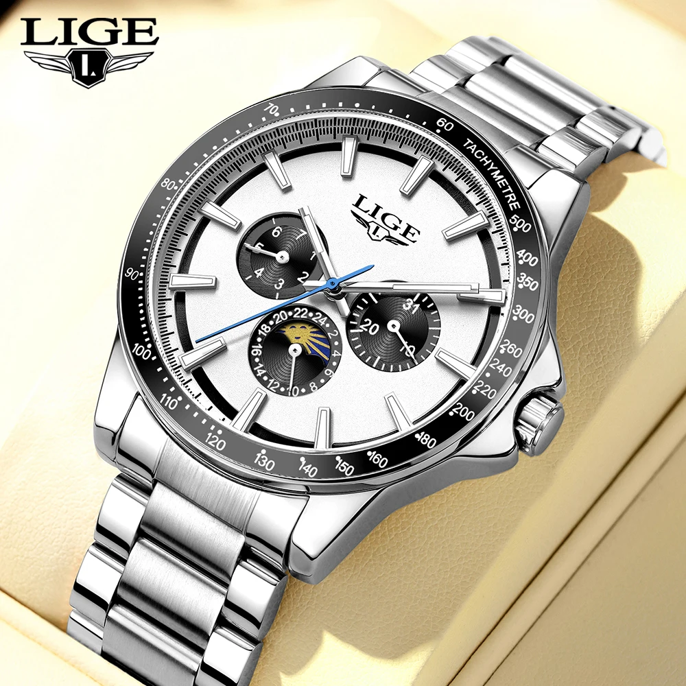 

LIGE Business Men Watches Luminous Calendar Watch Mens Top Brand Luxury Moon phase Waterproof Quartz Stainless Man Wristwatches