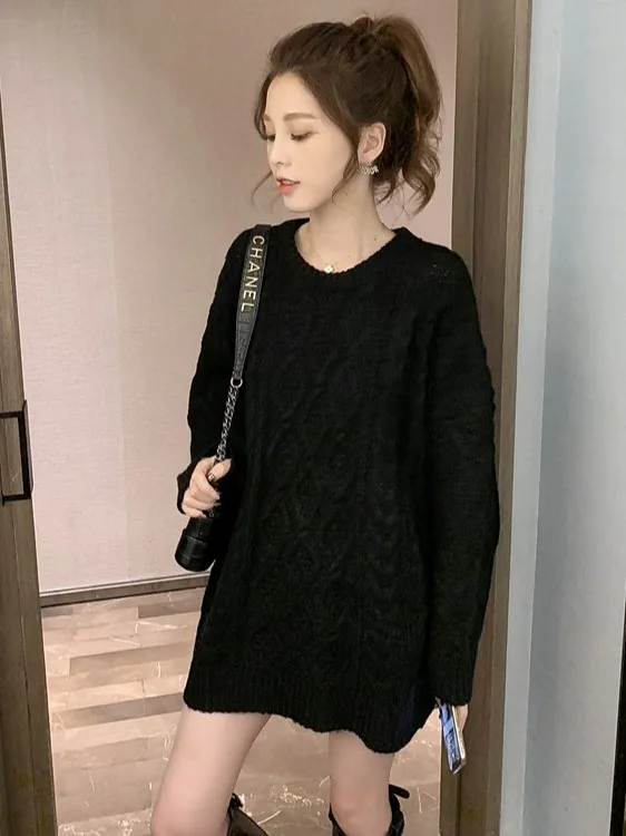 Women's Loose Long Knitted Sweater Autumn Winter Outerwear Thiened Over-sized Crew Ne Pullover Faionable Casual Sle