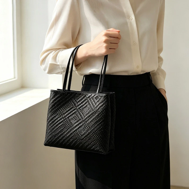 Mendy Genuine Leather Woven Pirnt Grain Tote Bag Open Top Large Capacity Shopping Commute Work Office Luxury Designer Origina view 6
