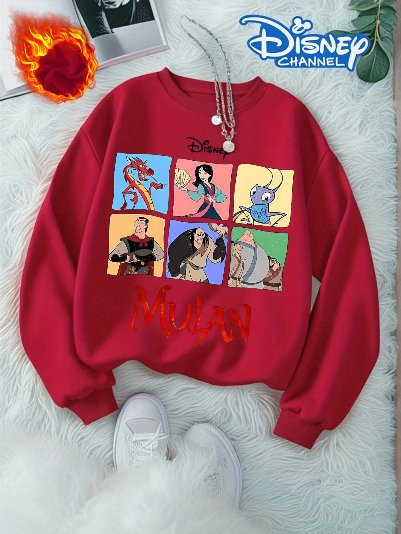 سويت شيرت نسائي من الصوف برقبة دائرية من ديزني مع طباعة كرتونية ديزني مولان - نمط الخريف/الشتاء الأكثر مبيعًا. #1