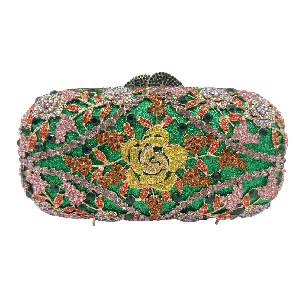 WHTUOHENG Women's Crystal Green Diamond Flower Evening Clutch Handbag Rhinestone Minaudiere Party Cocktail Dinner Bag Clutches